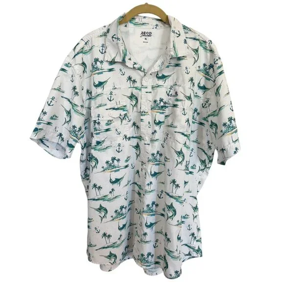 Izod Saltwater Shirt Marlin Fishing Nautical Anchors Vented Button Up Mens XL - Picture 1 of 12
